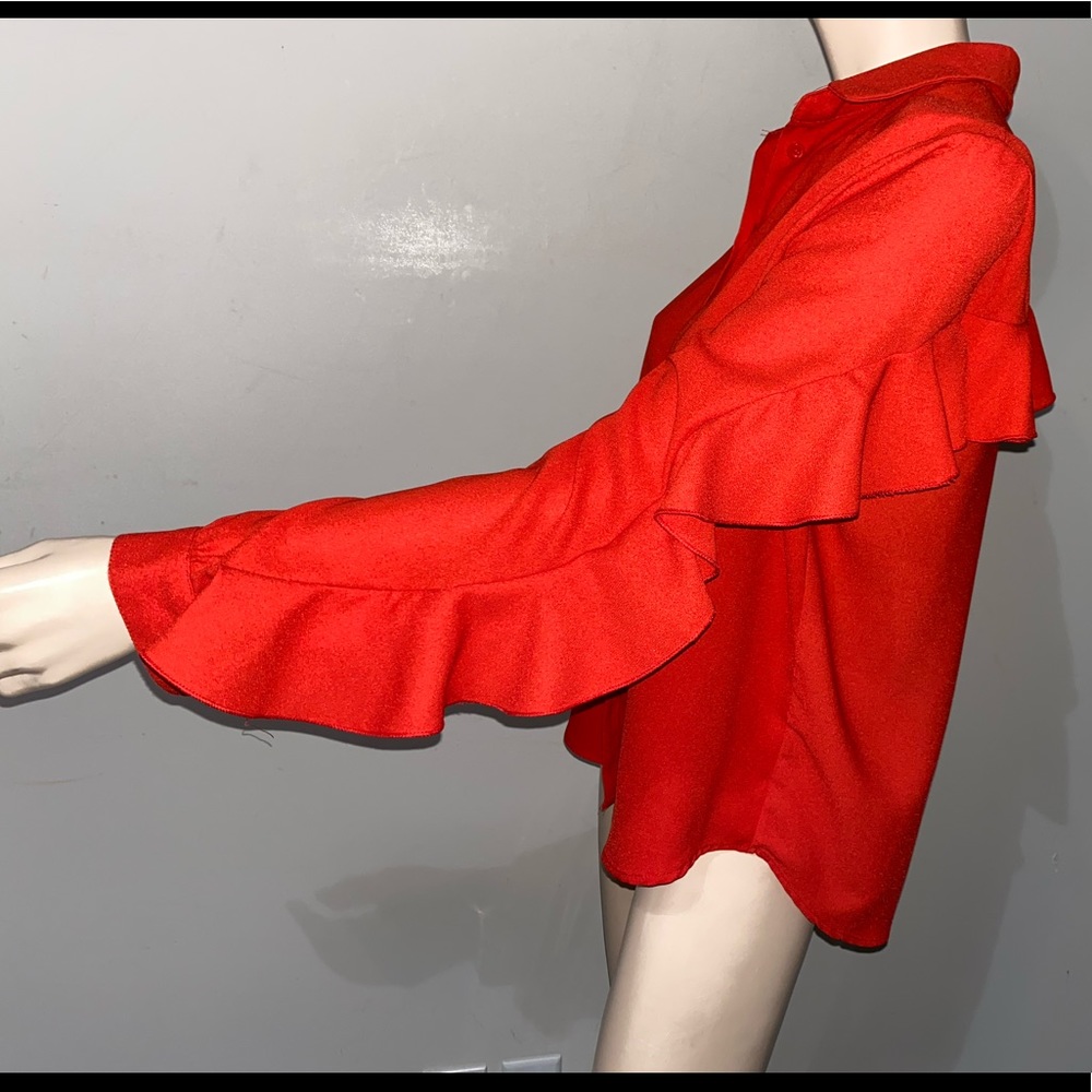 Red Long Sleeve Ruffle Blouse - Picture 3 of 5